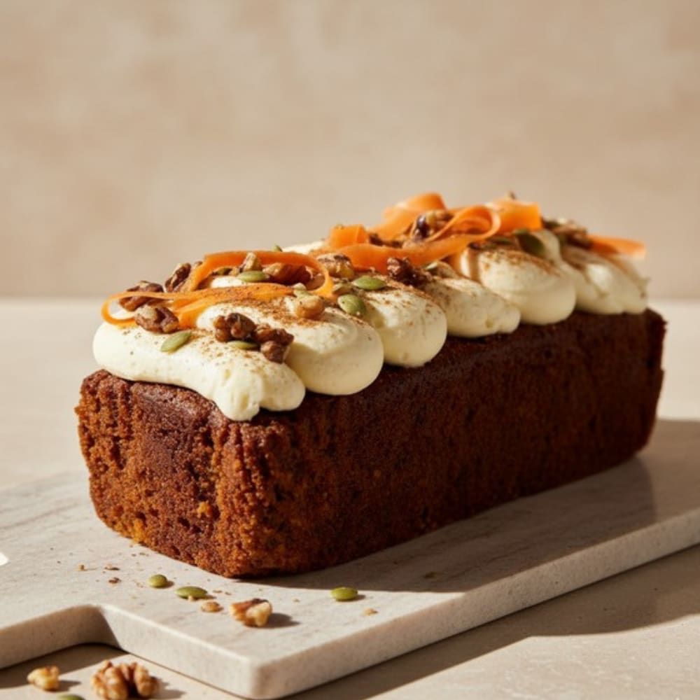 A Signature Carrot Cake loaf topped with piped cream cheese frosting, walnuts, pumpkin seeds and carrot ribbons