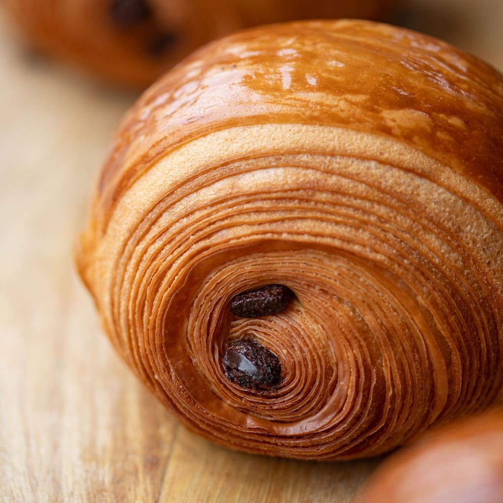 A whole Bridge Baker pain au chocolat on a wooden board, showing its layers