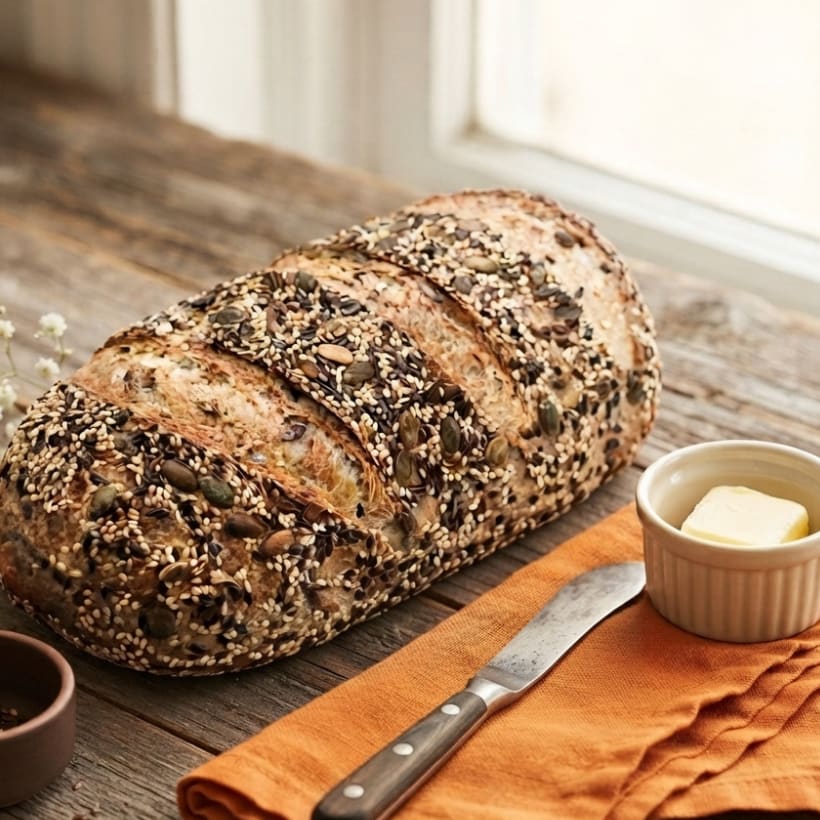A Bridge Baker seeded sourdough loaf on a board with butter