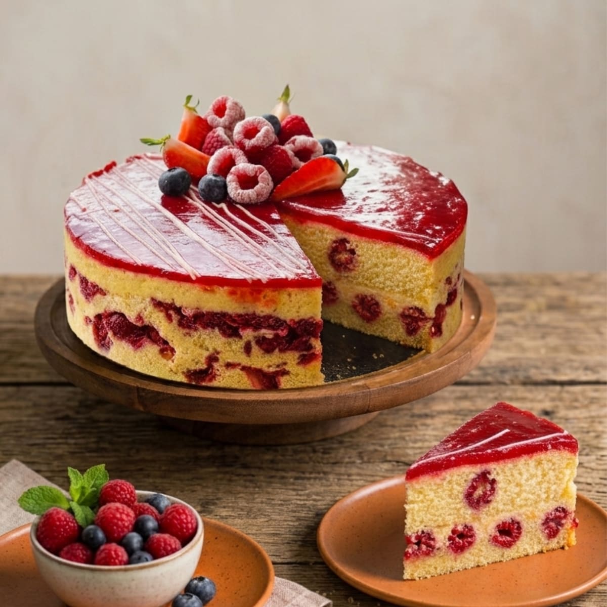 A berry gateau with a glossy red glaze, one slice cut and plated