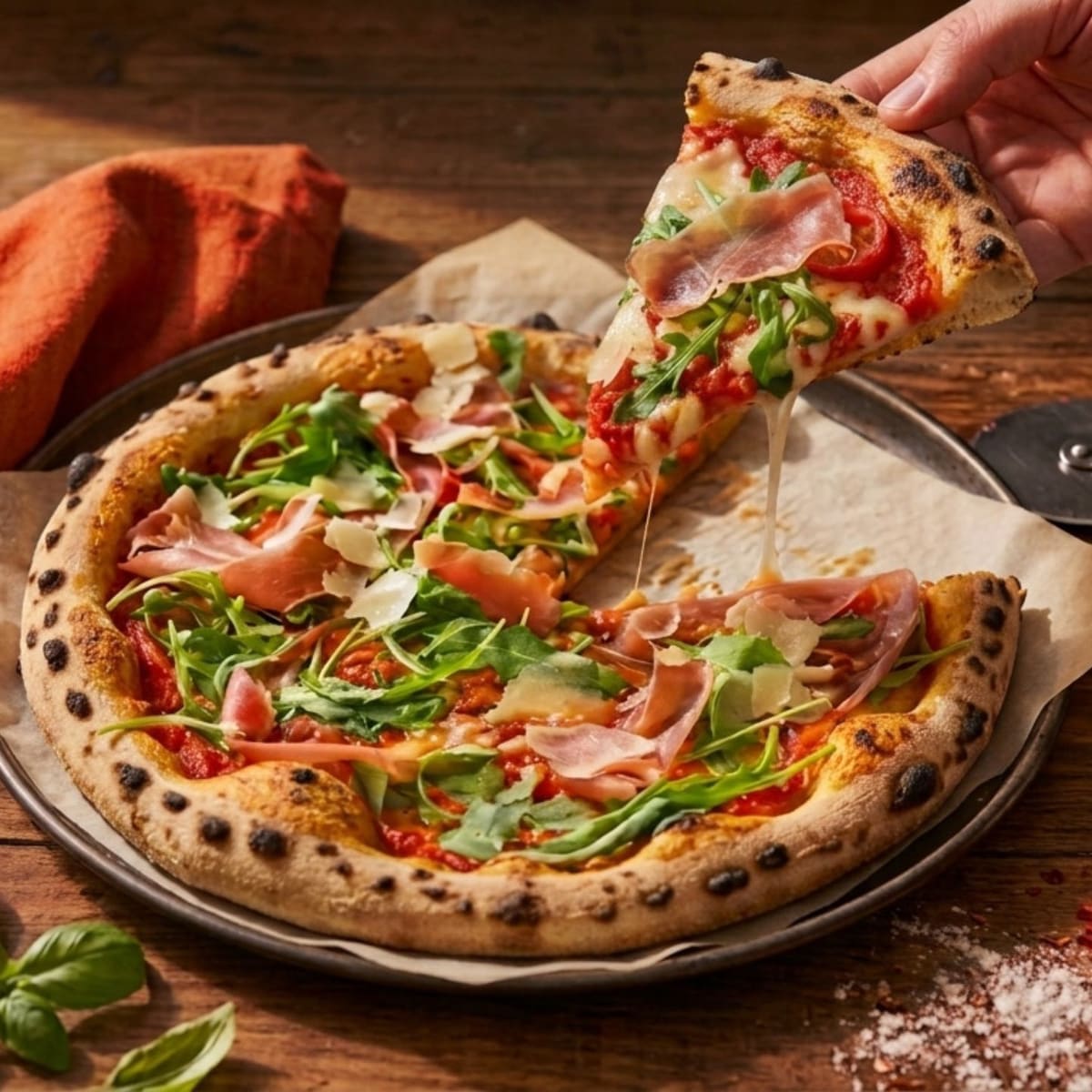 A slice of prosciutto, rocket and parmesan pizza lifted from a stone-baked pizza, the mozzarella stretching